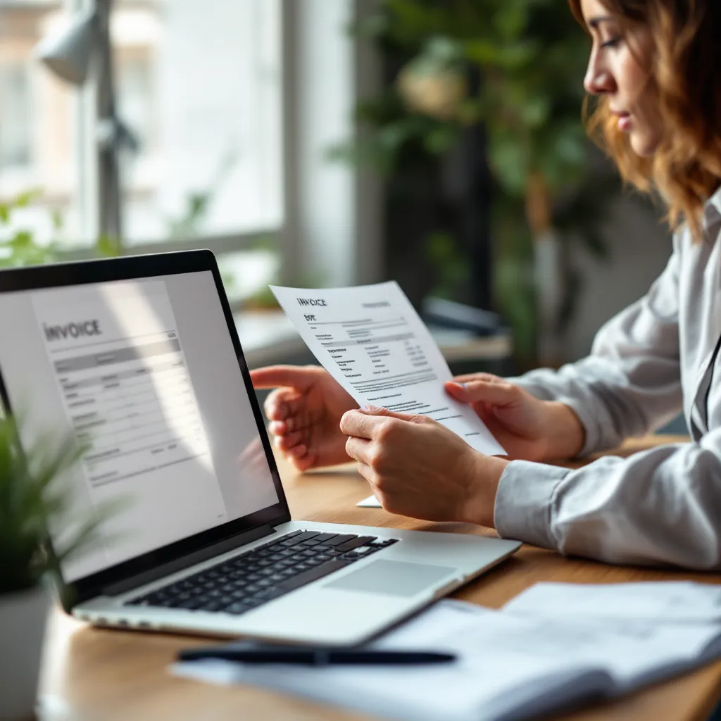 Professionnelle examinant une facture papier avec son écran d'ordinateur affichant le document numérique