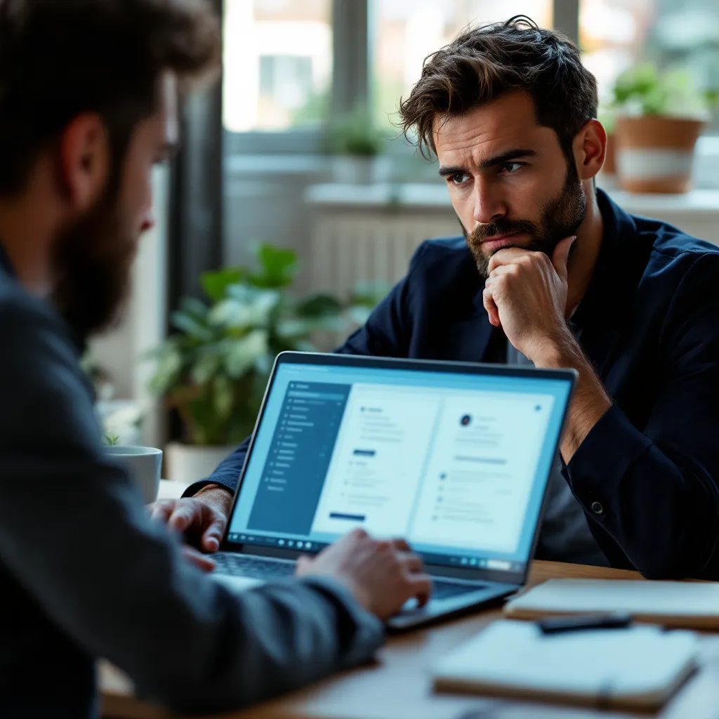 Entrepreneur réfléchissant devant son ordinateur en comparant deux solutions de facturation