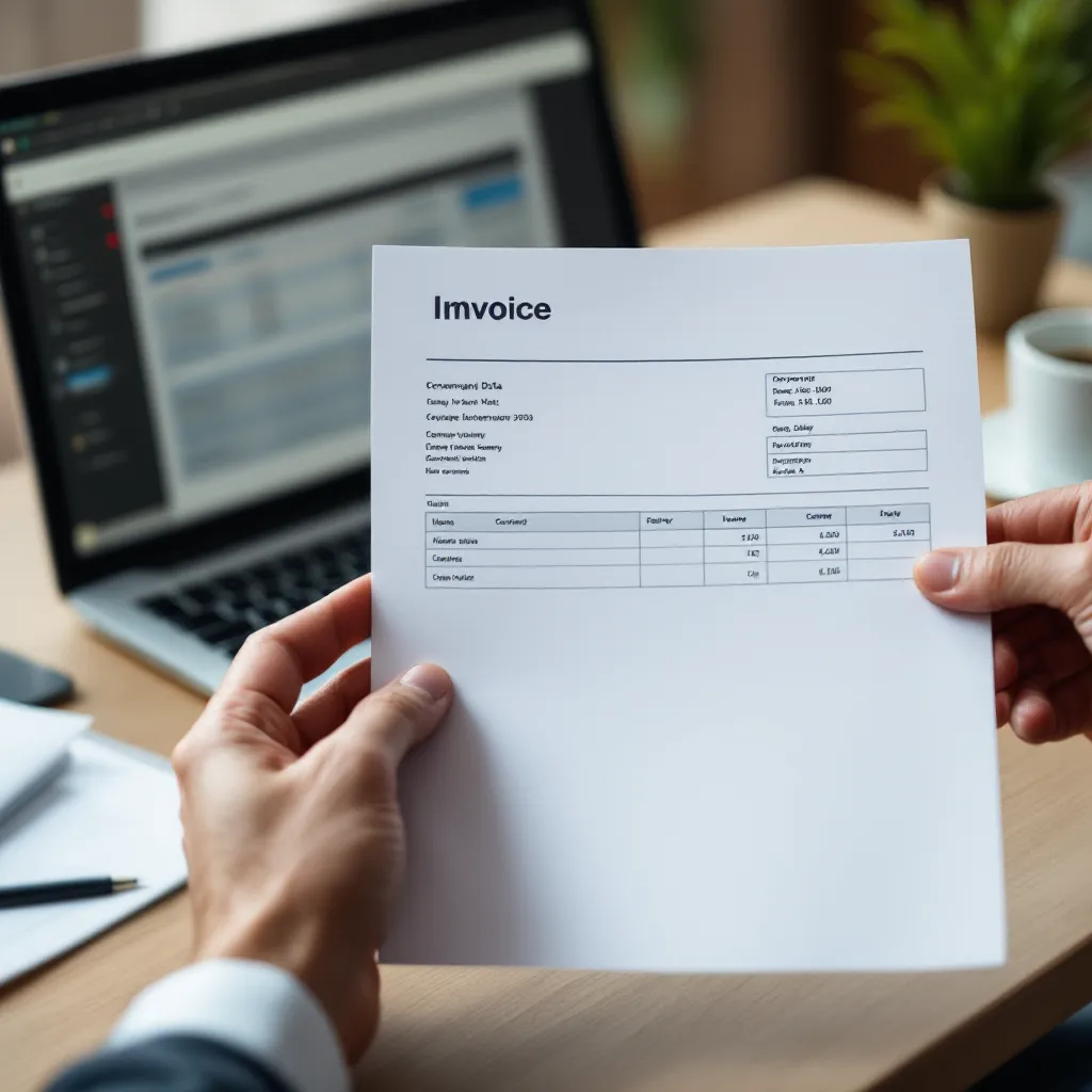 Mains tenant une facture imprimée devant un écran montrant le document numérique